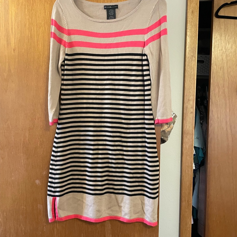 Design History Beige Knit Midi Dress with Black Stripes and Pink Bands
